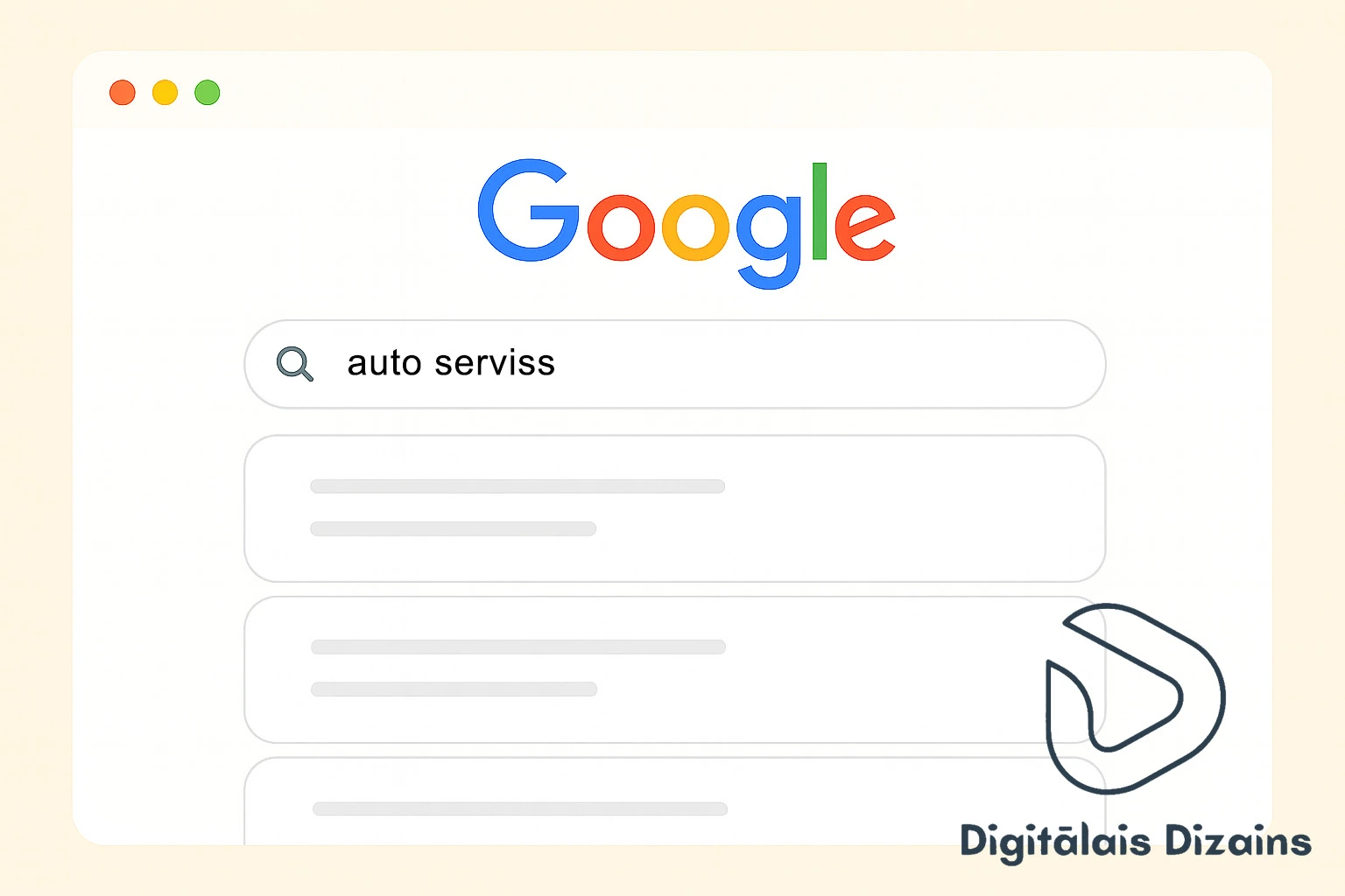 Pārlūkprogrammas loga makets ar Google meklēšanas joslu, vaicājumu "auto serviss" un pirmajiem trim meklēšanas rezultātiem, demonstrējot TOP 3 Google pozīcijas.