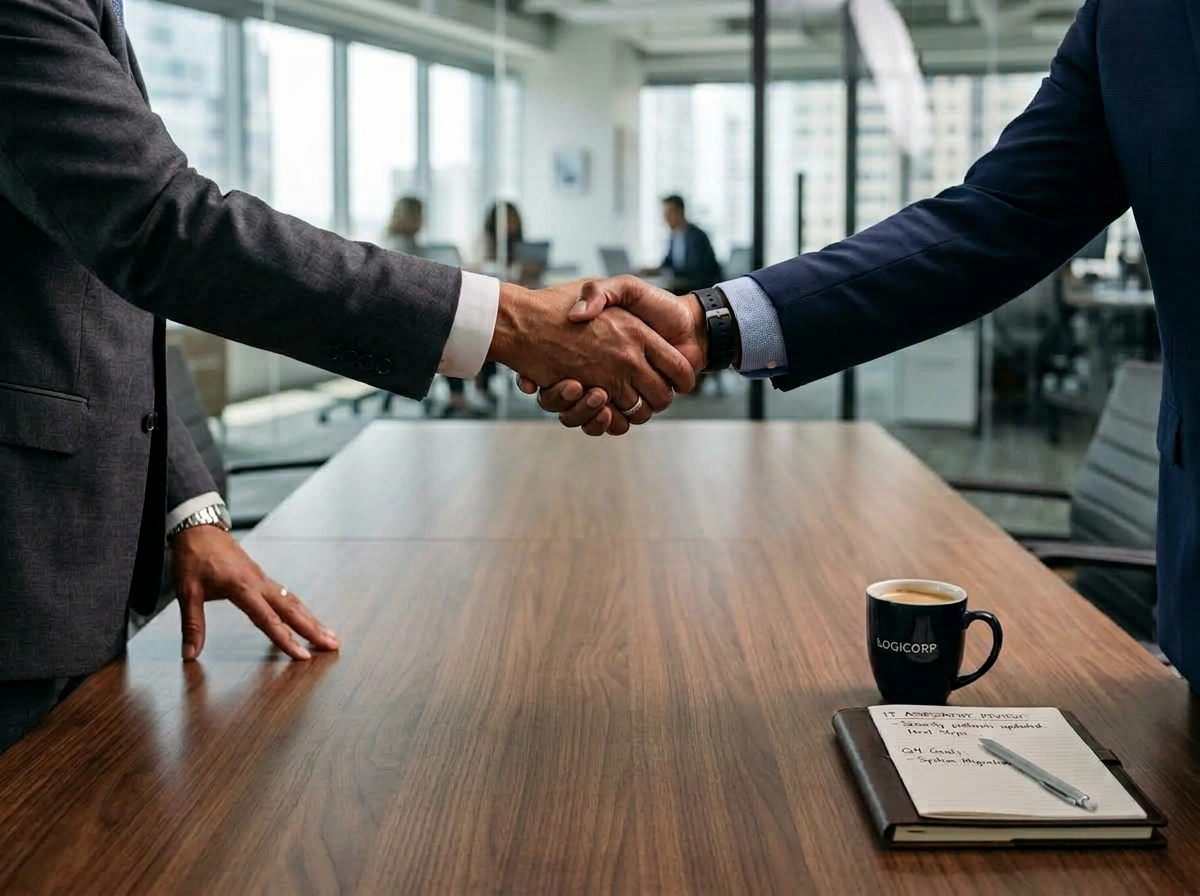 Two business partners shaking hands across a boardroom meeting table with a coffee mug and notepad.