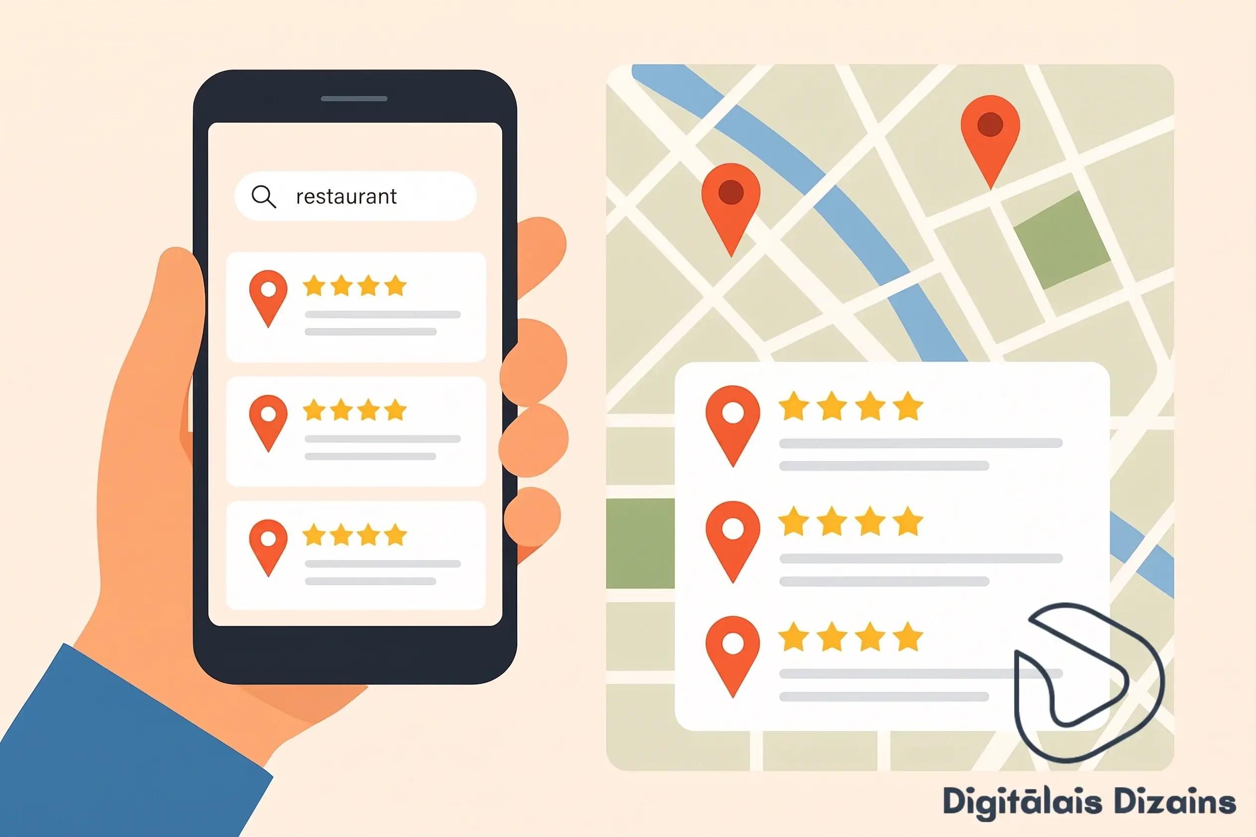 Hand holding a smartphone showing local restaurant search results and rating stars against a city street map with location pins for local SEO.