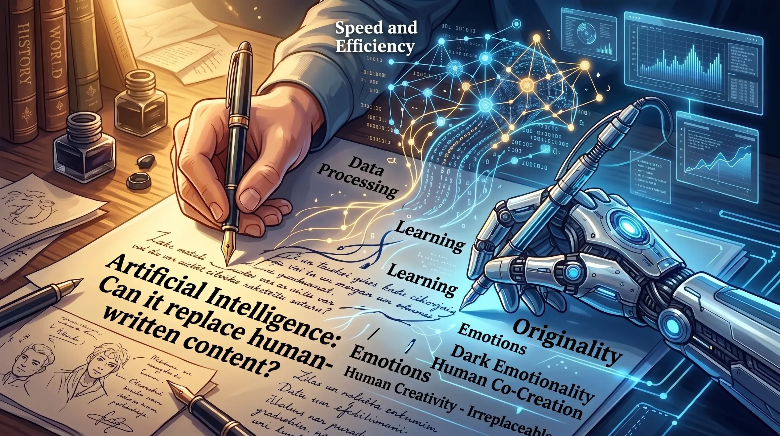 A human hand holding a classic fountain pen writing next to a robotic AI hand holding a digital stylus with neural network data connections.