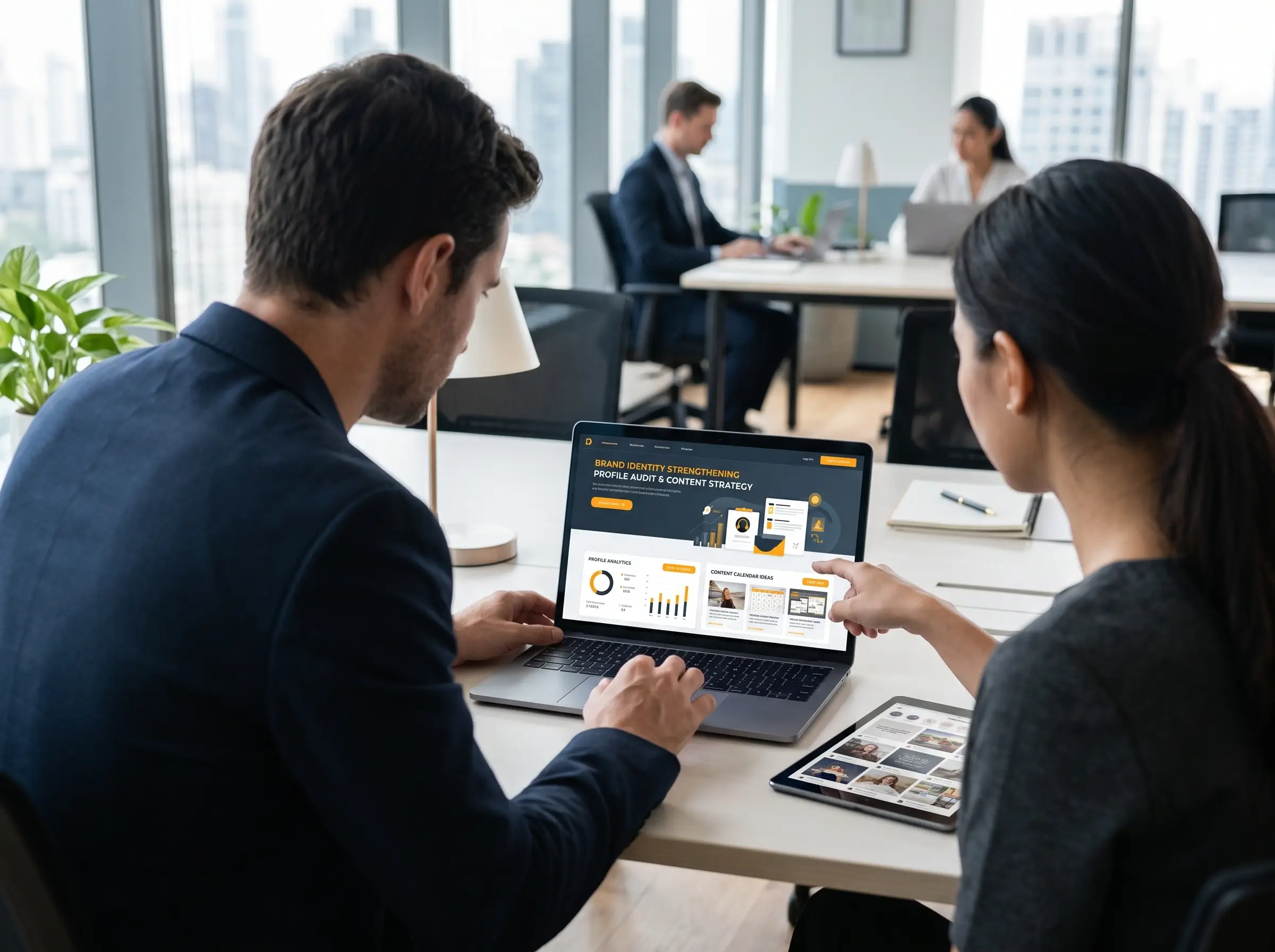 Two business professionals in a modern office analyzing brand identity strengthening, profile audit, and content strategy on a laptop screen.