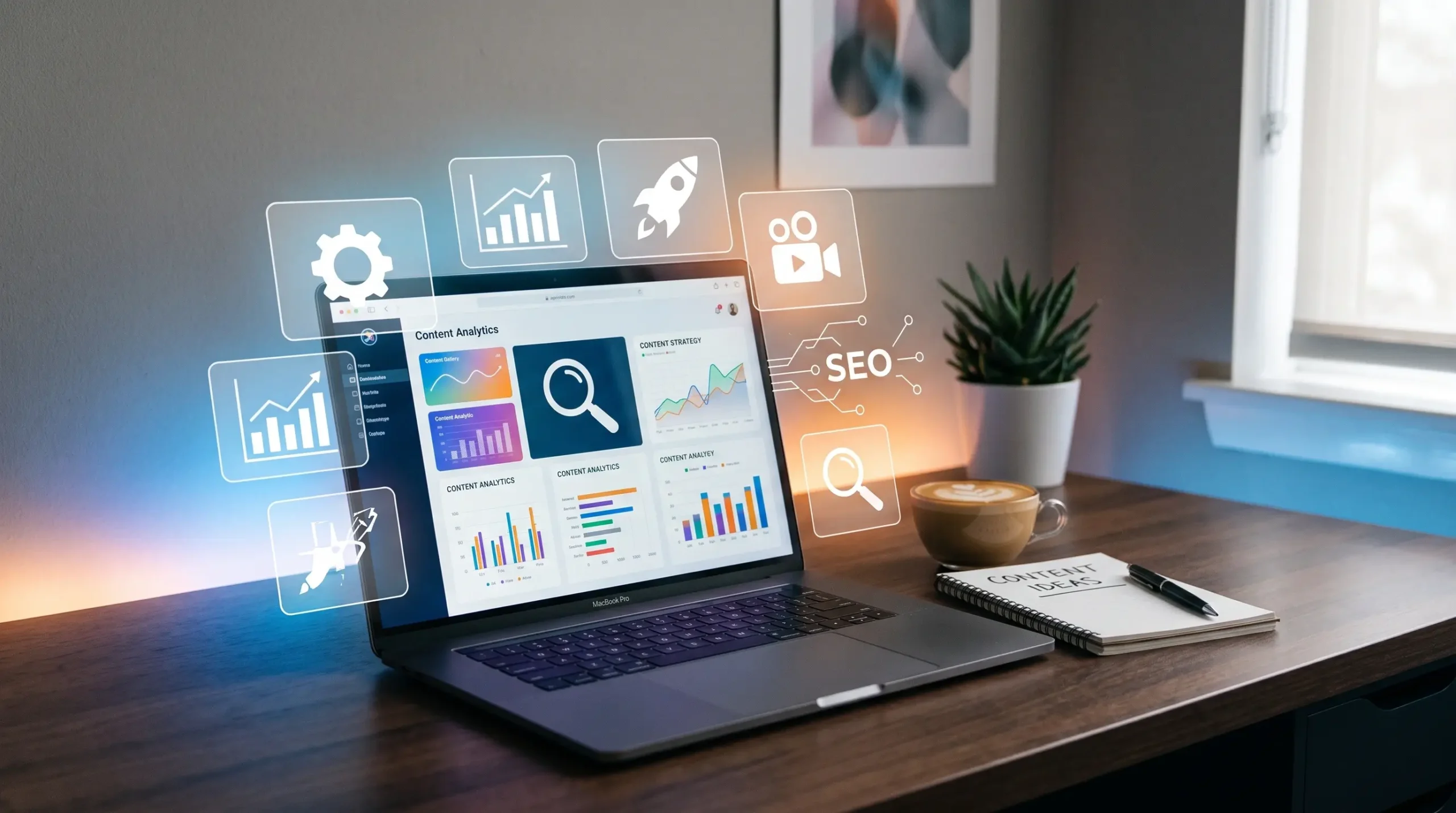 Laptop displaying content analytics dashboard with glowing holographic SEO marketing icons floating above the screen next to a content ideas notebook.
