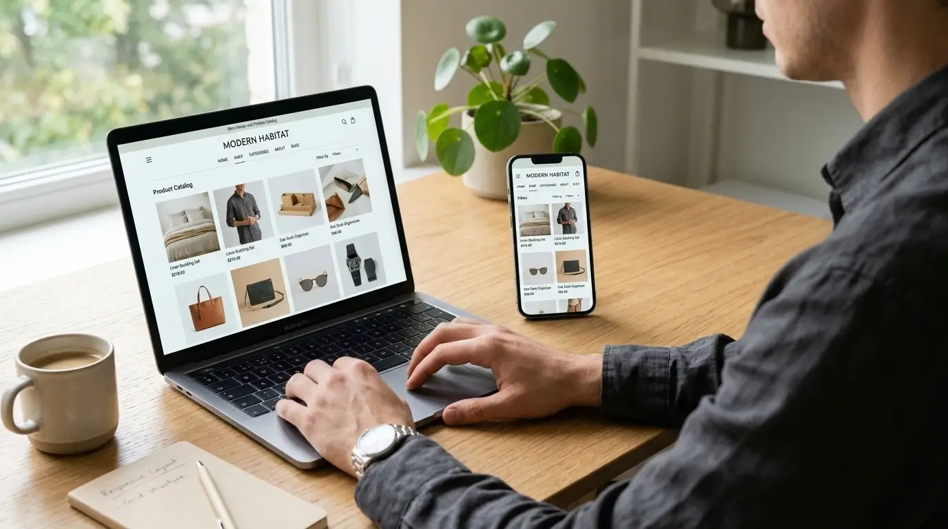 Designer browsing a modern lifestyle e-commerce product catalog on a laptop with the synchronized mobile responsive interface on a smartphone.