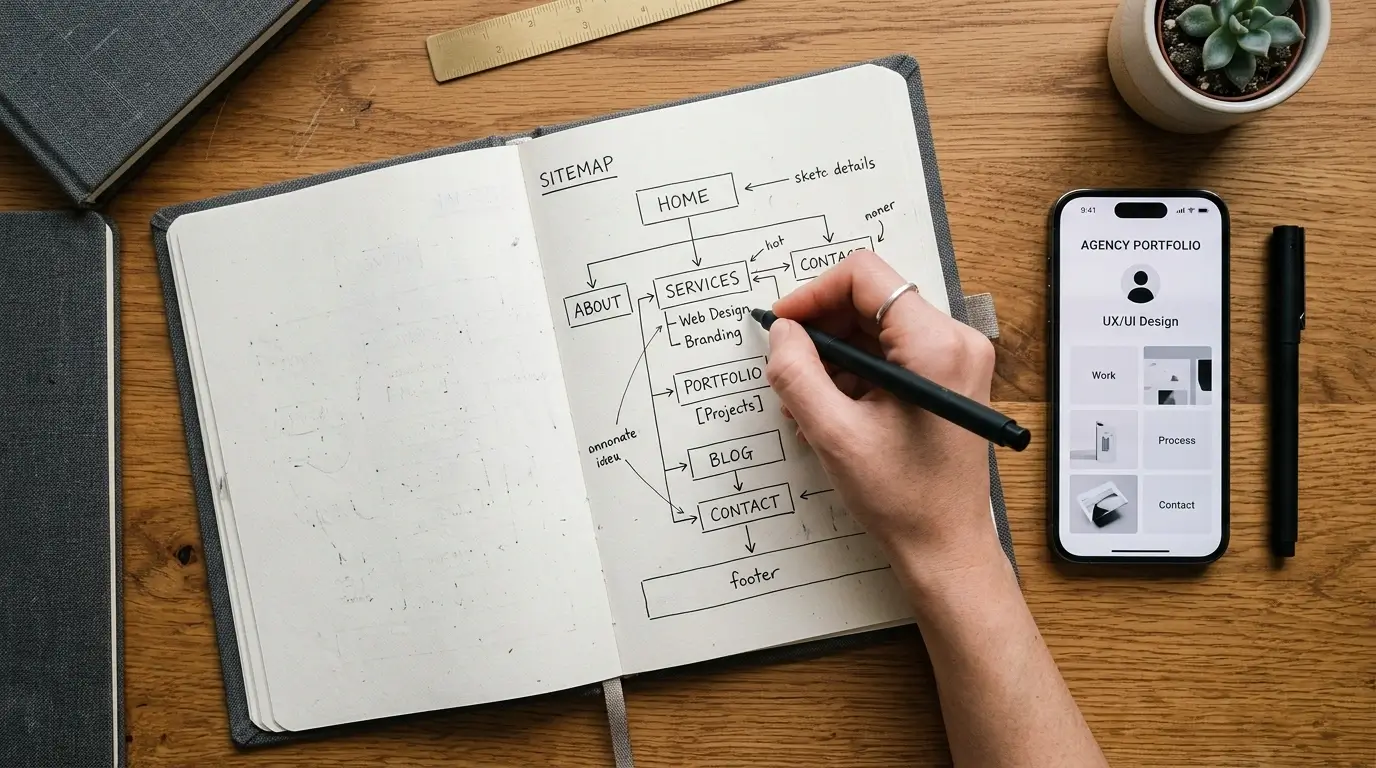 Top-down view of a designer drawing a website sitemap hierarchy diagram in a notebook next to a smartphone displaying a mobile portfolio layout.