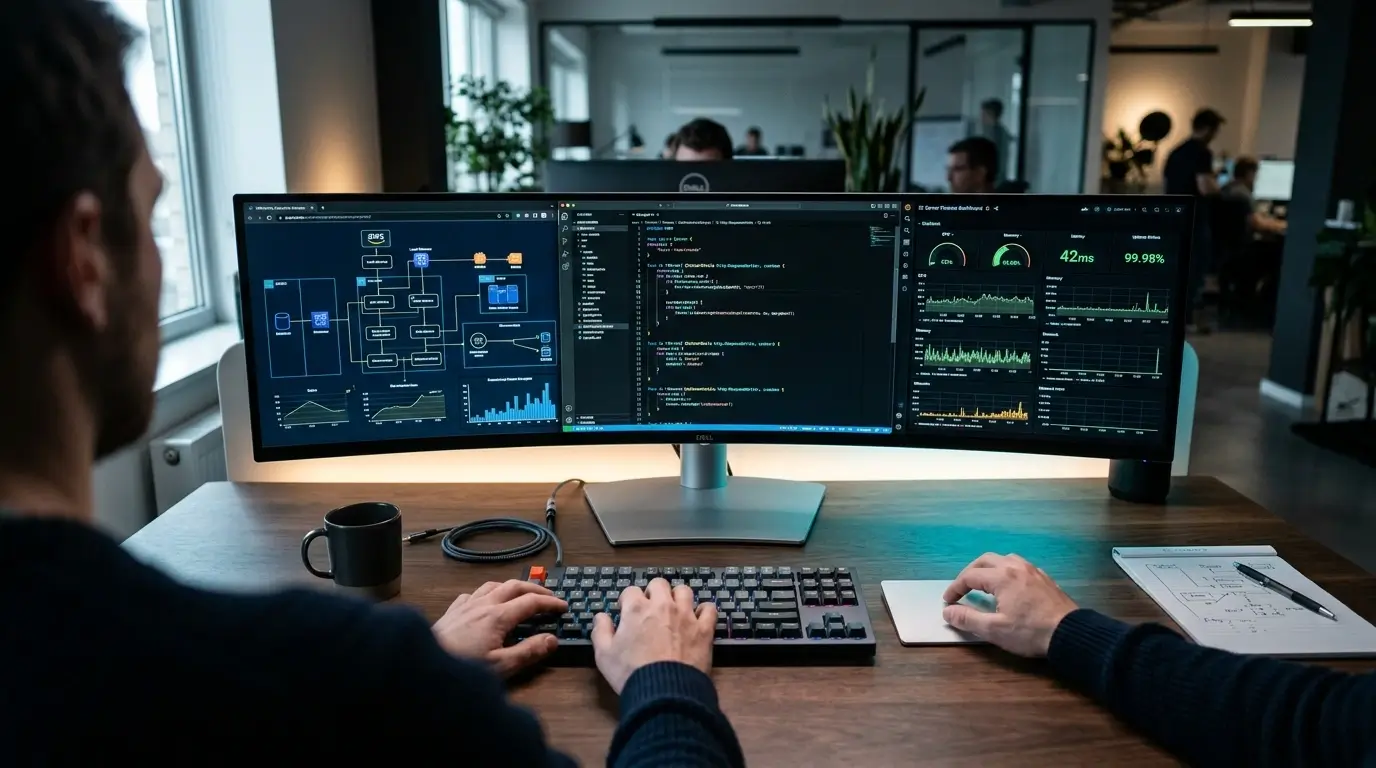 DevOps inženieris pie mehāniskās tastatūras uz plata izliekta monitora pārrauga mākoņdatošanas arhitektūras shēmu, kodu un serveru darbības rādītājus.