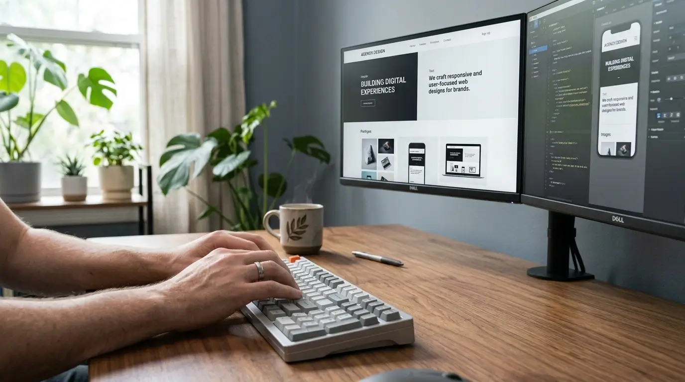 Front-end programmētājs ar mehānisko tastatūru izstrādā pielāgojamu aģentūras mājaslapas dizainu uz diviem monitoriem mājīgā darba vidē.
