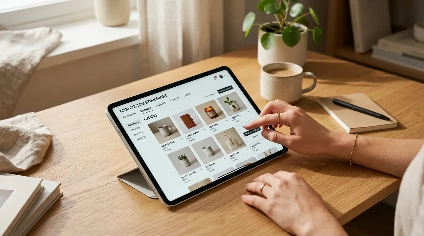 Person tapping on a tablet touchscreen displaying a modern custom e-commerce storefront product catalog with inventory management controls.