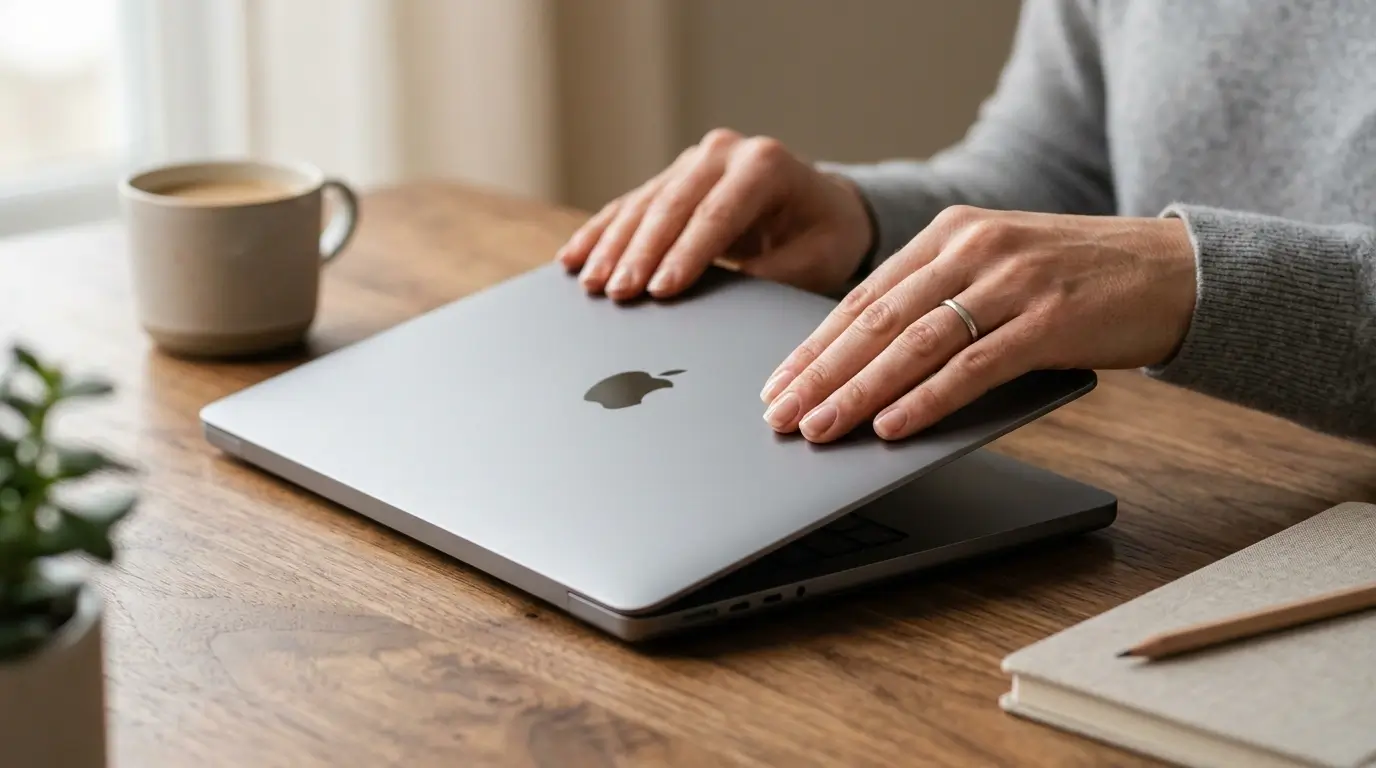 Close-up of hands gently closing a sleek silver laptop on a wooden desk next to a ceramic coffee mug and notebook in natural light.