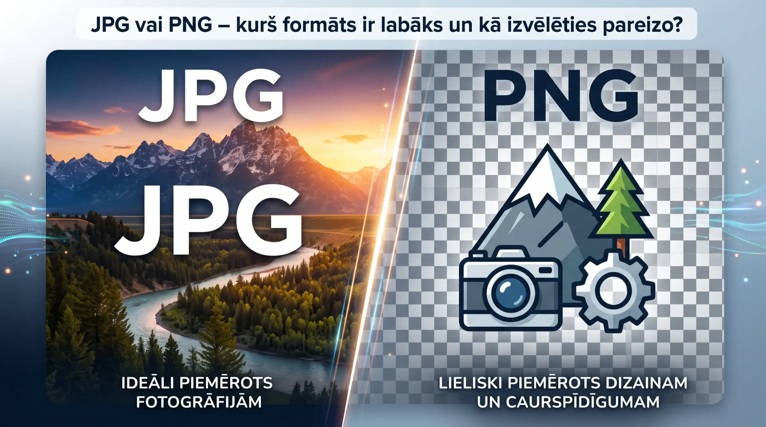 Salīdzinošā infografika starp JPG un PNG attēlu formātiem, skaidrojot fotogrāfiju optimizāciju un caurspīdīga fona grafikas pielietojumu.