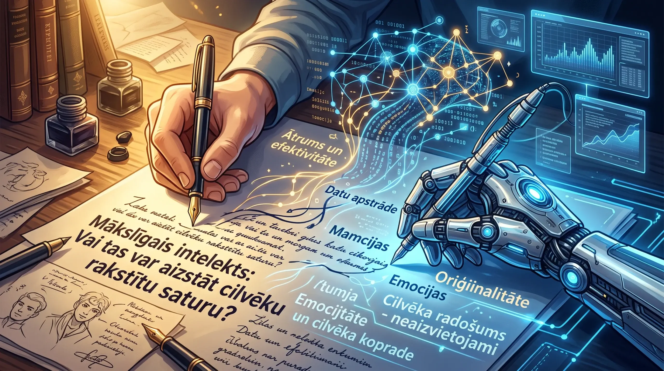 Cilvēka roka ar tintes spalvu un robotizēta mākslīgā intelekta roka ar digitālo irbuli, salīdzinot cilvēka radošumu ar mākslīgā intelekta satura radīšanu.