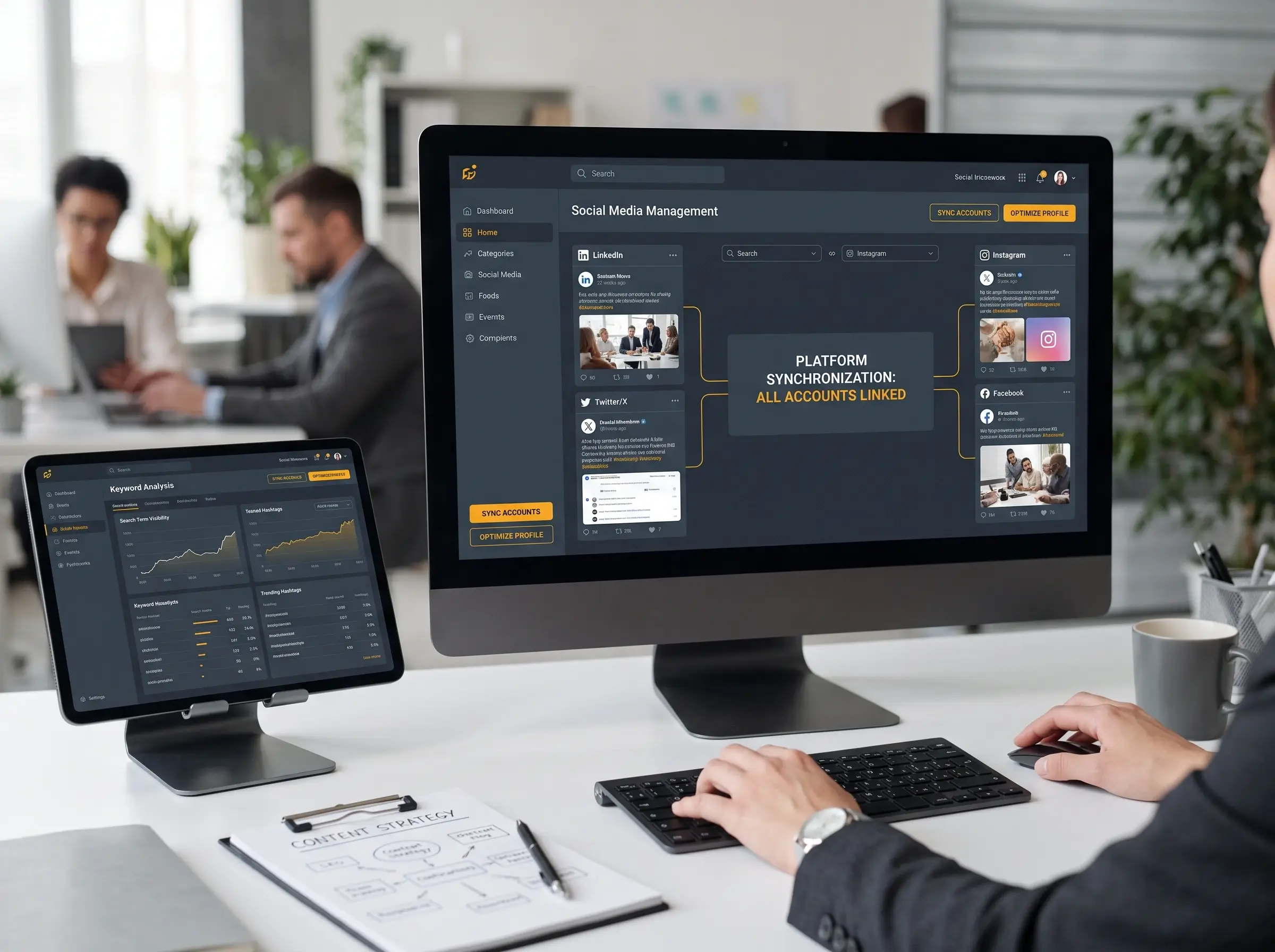 Social media manager at a desktop workstation synchronizing multi-platform accounts across LinkedIn, Twitter, Instagram, and Facebook.
