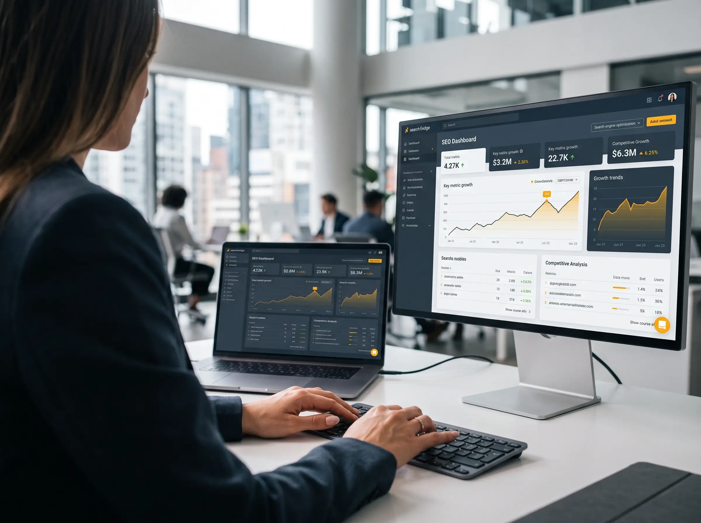 Digitālā mārketinga speciāliste analizē SEO izaugsmes tendences, apmeklētāju plūsmas rādītājus un konkurentu analīzi monitorā un klēpjdatorā.