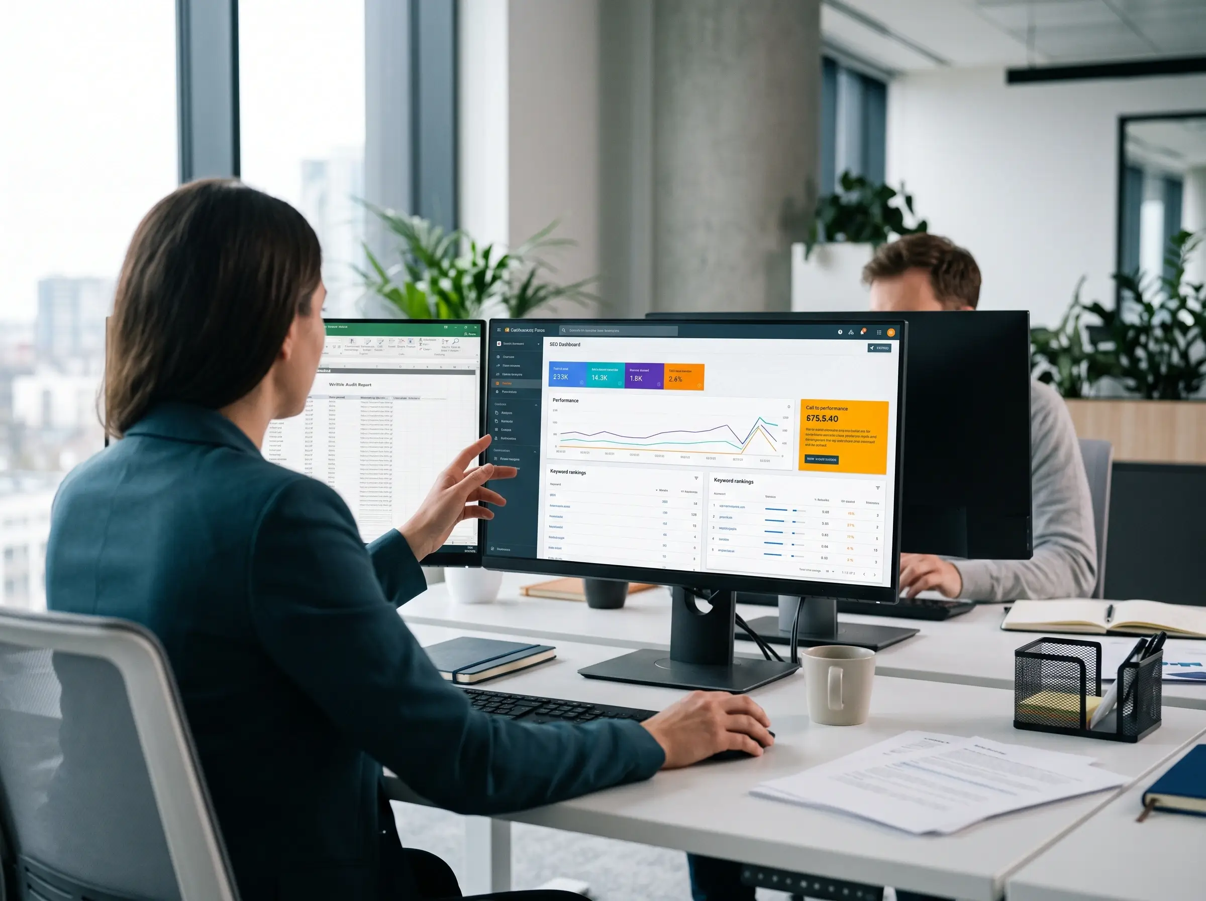SEO specialist pointing at a dual-monitor setup analyzing website audit report data and keyword ranking performance trends.