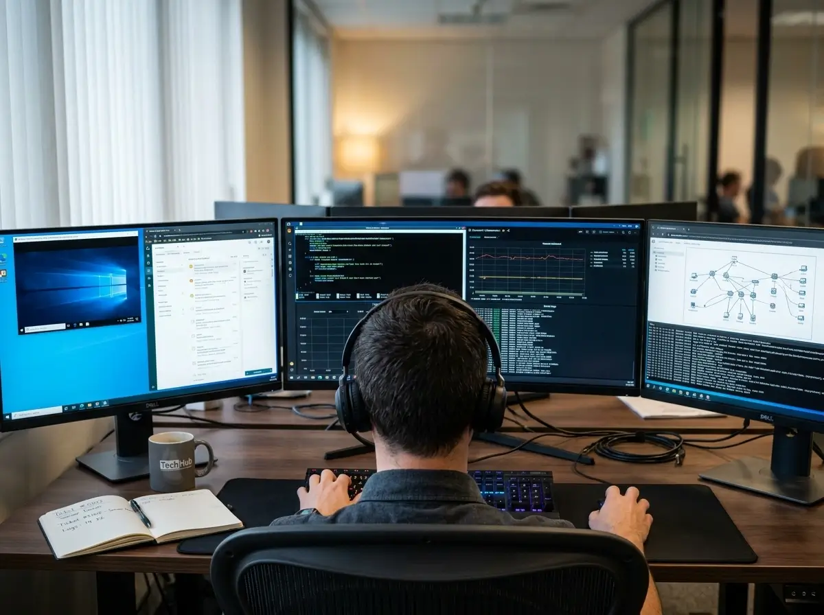 IT tehniskā atbalsta inženieris austiņās pie vairākiem monitoriem uzrauga tīkla infrastruktūru, serveru statusus un kļūdu žurnālus.