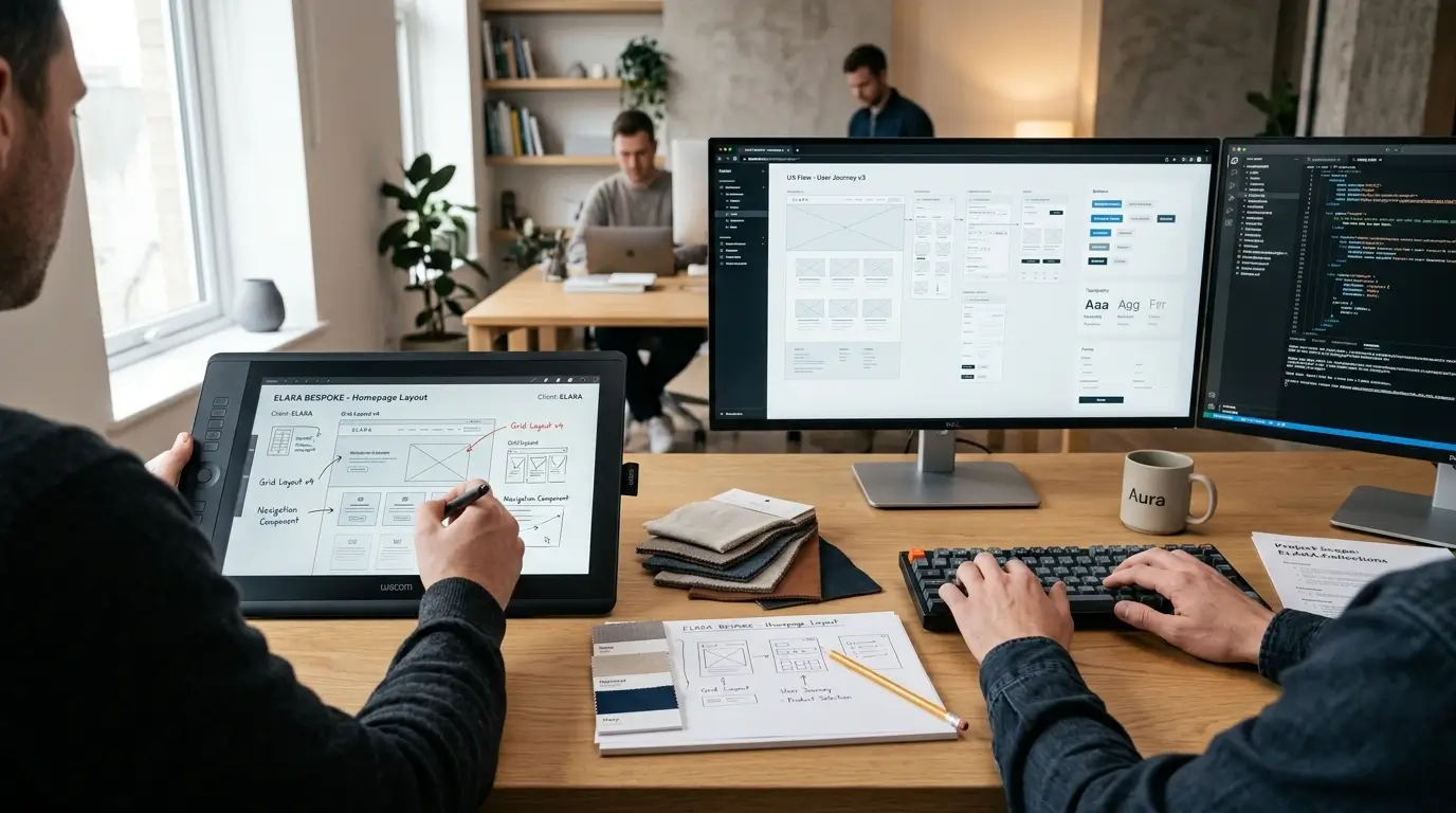 Divi UI/UX dizaineri pie koka darba galda kopīgi izstrādā mājaslapas karkasa maketu uz Wacom grafiskās planšetes, pārraugot lietotāja ceļu un kodu uz diviem monitoriem.