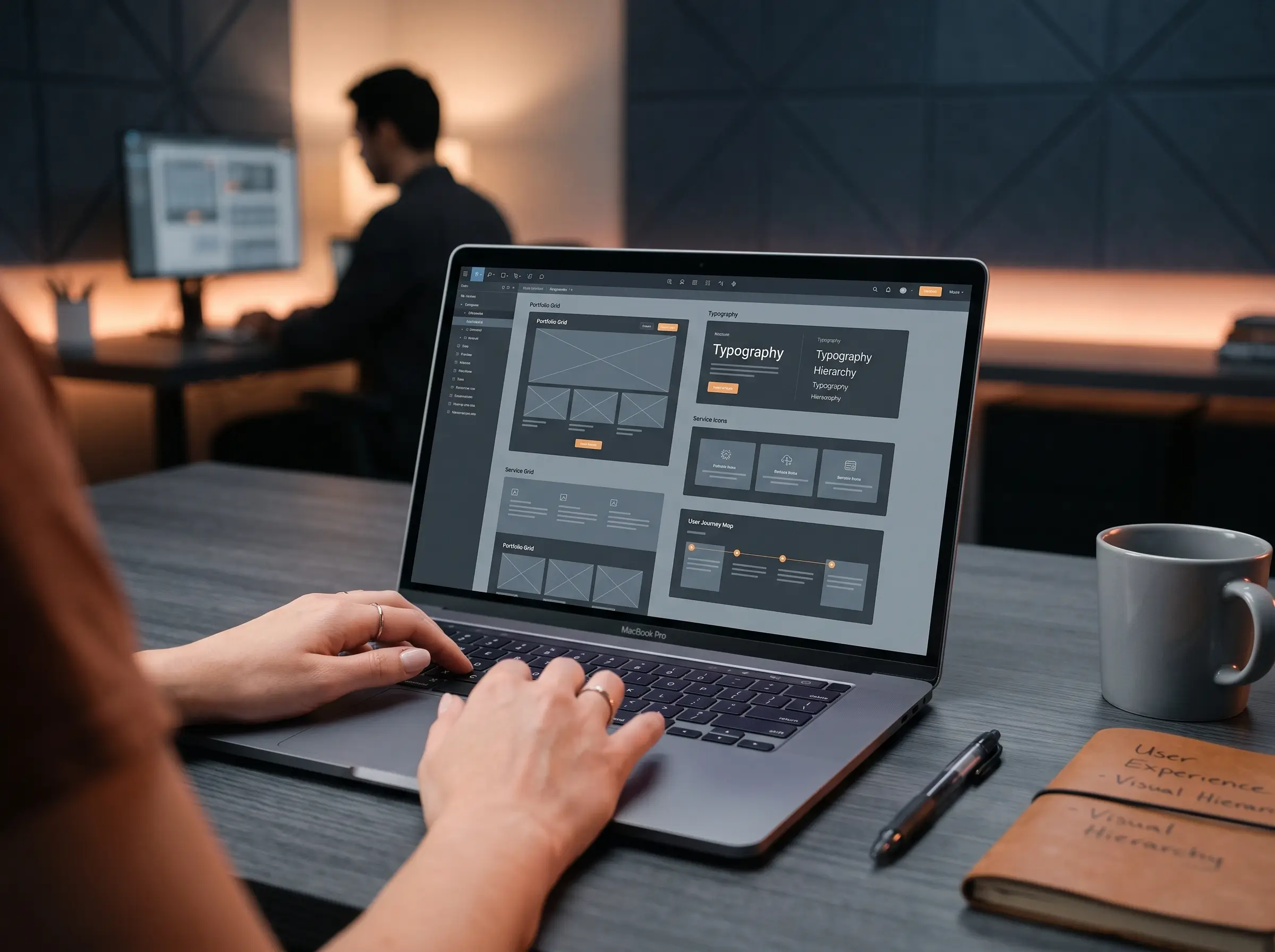 UI/UX designer creating website wireframes, typography hierarchy, and user journey layouts on a MacBook Pro laptop with design notes on the desk.