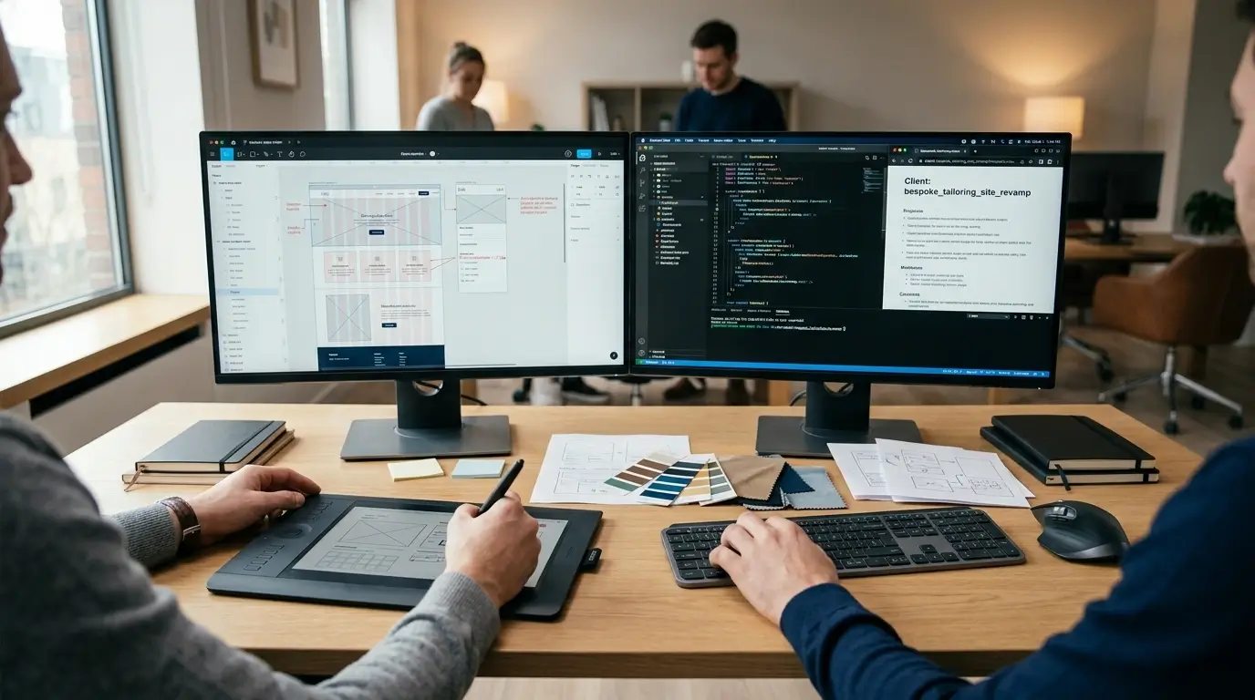 Web development team collaborating at a dual-monitor workstation with Figma UI wireframes on one screen and VS Code development editor on the other.